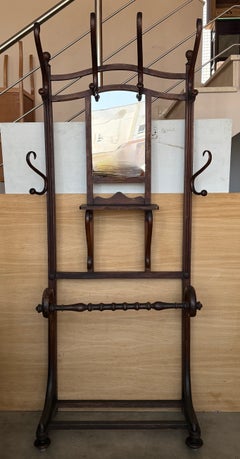 Antique Thonet Style Bentwood Hall Tree Coat Rack with Mirror and Multiple Hooks