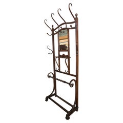 Antique Thonet Style Bentwood Hall Tree Coat Rack with Mirror and Multiple Hooks