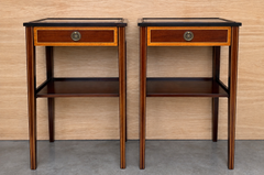 Pair of French Neoclassical Mahogany Nightstands with Marquetry Inlay and Drawer