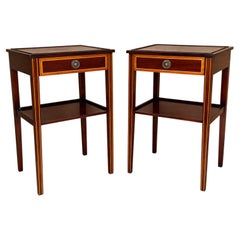 Pair of French Neoclassical Mahogany Nightstands with Marquetry Inlay and Drawer
