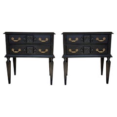 French Ebonized Wood Nightstands with Carved Rosettes and Brass Hardware