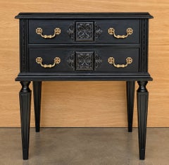 French Ebonized Wood Nightstands with Carved Rosettes and Brass Hardware