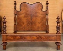 Carved Walnut and Burl Wood Twin XL Beds with Turned Posts and Finials