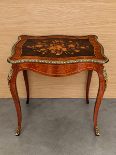 French Louis XV Style Floral Marquetry Side Table with Gilt Bronze Mounts