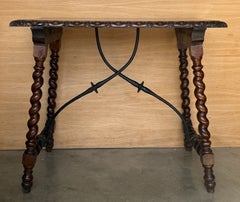 Spanish Baroque Style Walnut Table with Barley Twist Legs and Wrought Iron Stret