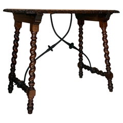 Spanish Baroque Style Walnut Table with Barley Twist Legs and Wrought Iron Stret