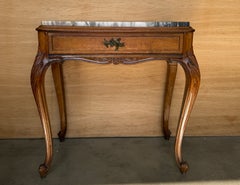 Pair of French Louis XV Style Carved Walnut Nightstands with Marble Tops