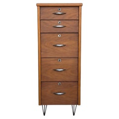 Mid-Century Modern Tall Five-Drawer Chest with Metal Handles and Hairpin Legs
