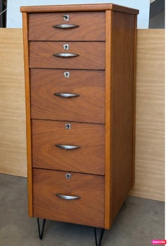 Mid-Century Modern Tall Five-Drawer Chest with Metal Handles and Hairpin Legs