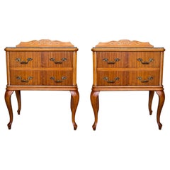 Pair of Vintage Wooden Nightstands with Cabriole Legs and Ornate Brass Handles