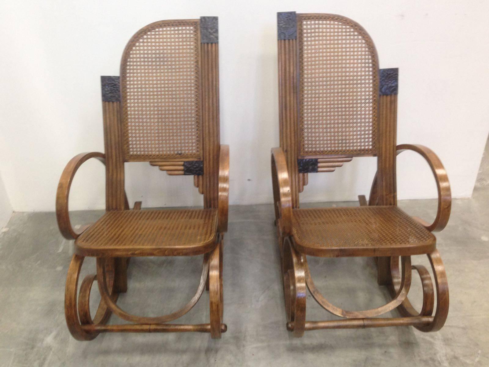 20th Century Stunning Art Deco Bentwood and Reed Seats Rocking Chairs In Excellent Condition In Miami, FL