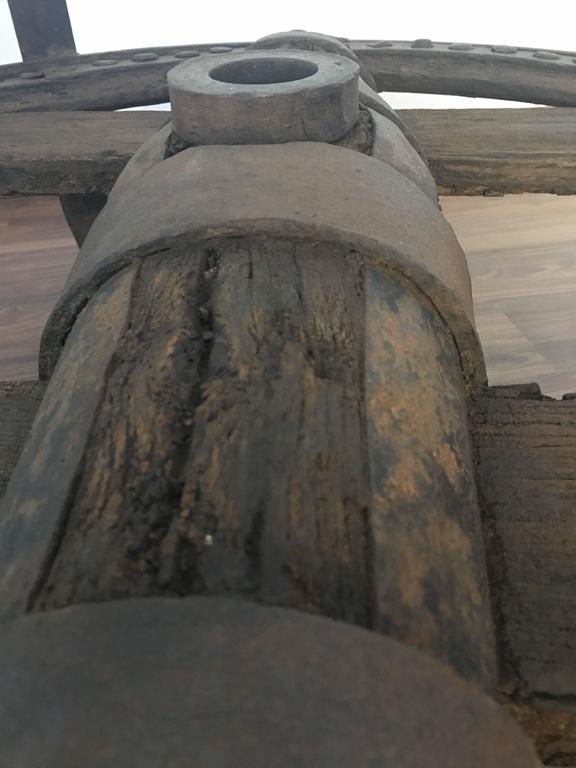 Wooden Wagon Wheel Indutrial Accent Spanish Table with Glass Top For