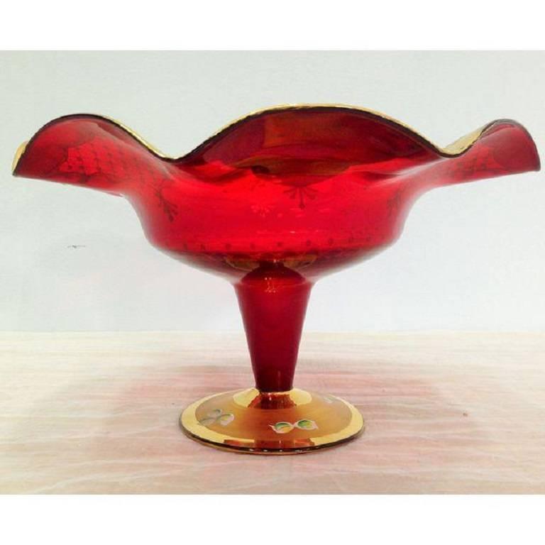 Renaissance Revival Gorgeous Large Cranberry Red Bowl with 24-Karat and Hand-Painted For Sale