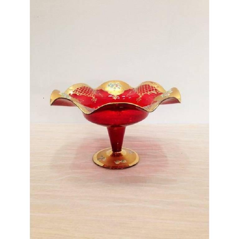 Italian Gorgeous Large Cranberry Red Bowl with 24-Karat and Hand-Painted For Sale