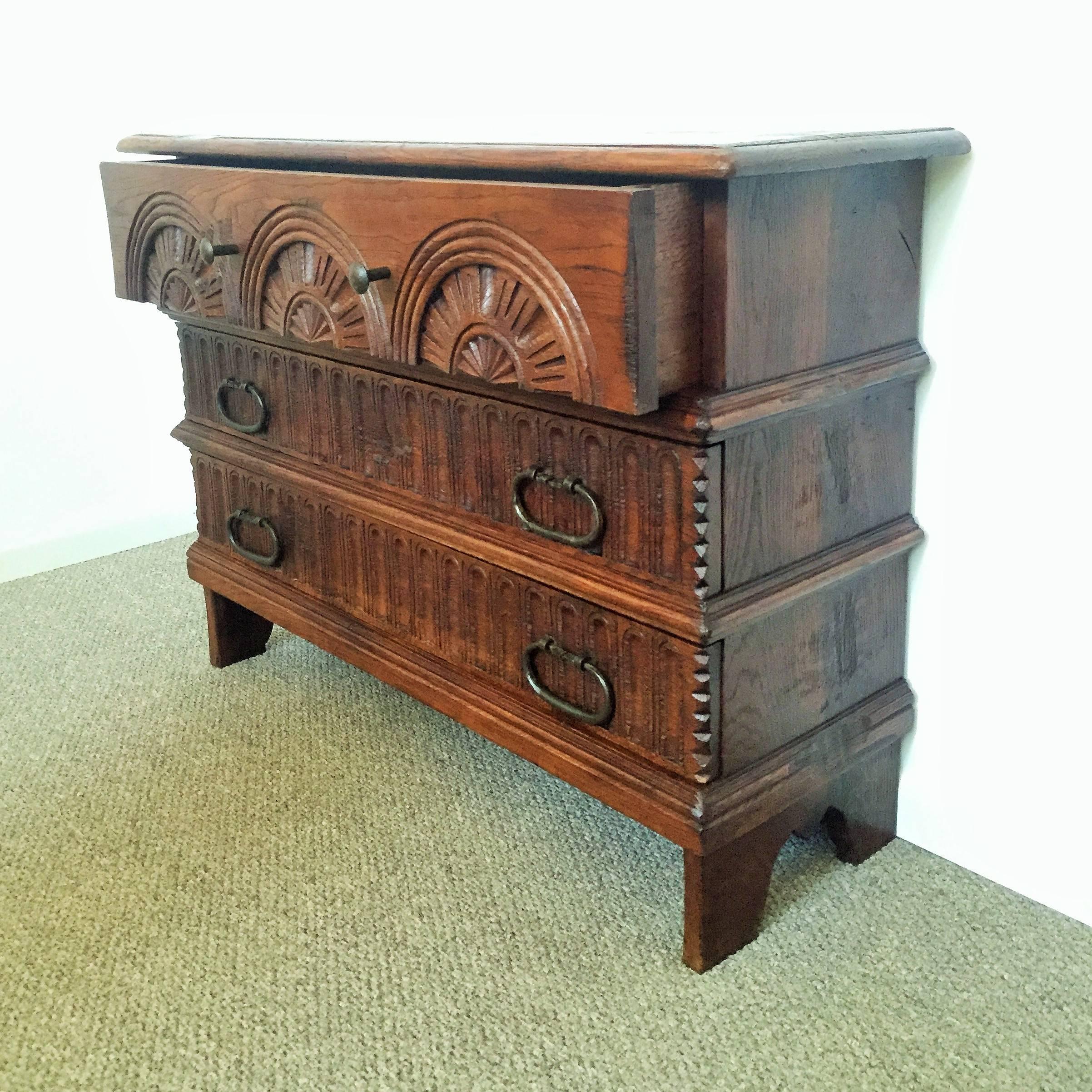Spanish Colonial 18th Century Carved Oak Wood Spanish Sacristy Chest