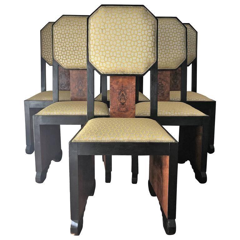 Art Deco Mid-Century Dinning Chairs Reupholstered in Burl Wood and Walnut