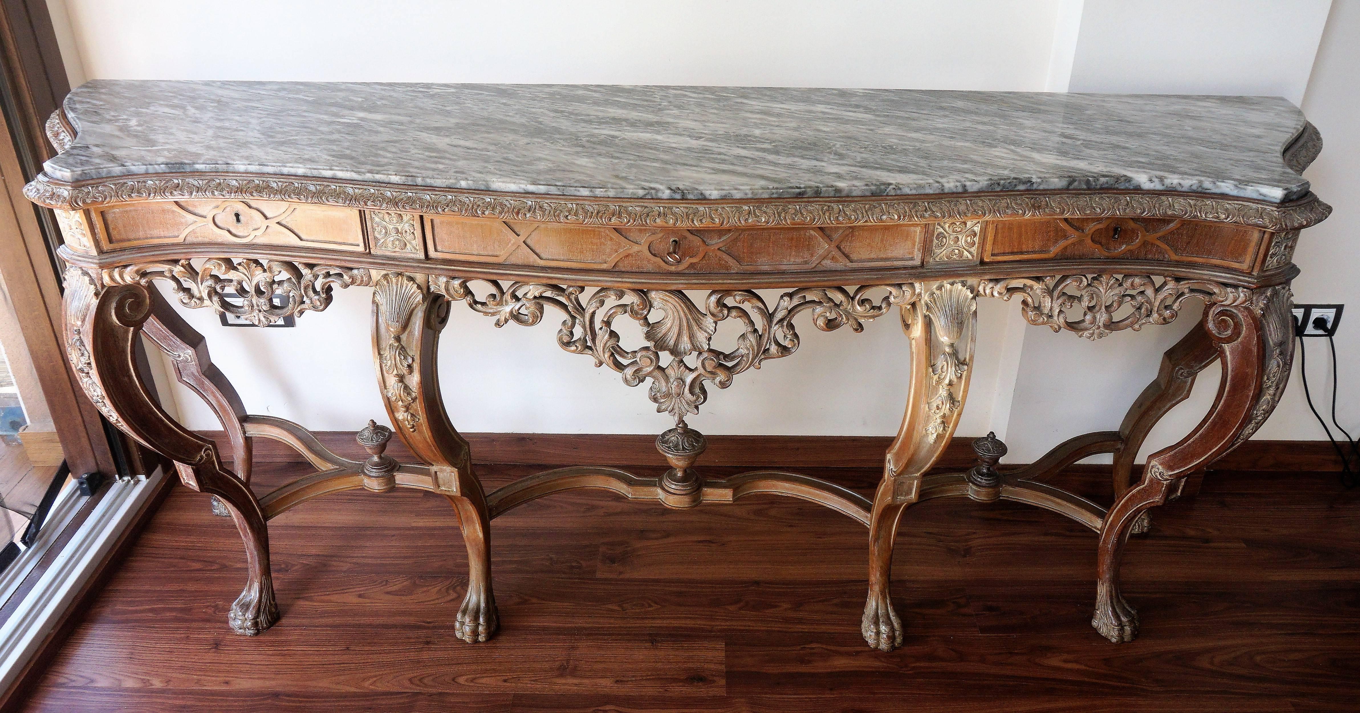 Baroque Spanish Console Table with Marble Top by Mariano Garcia