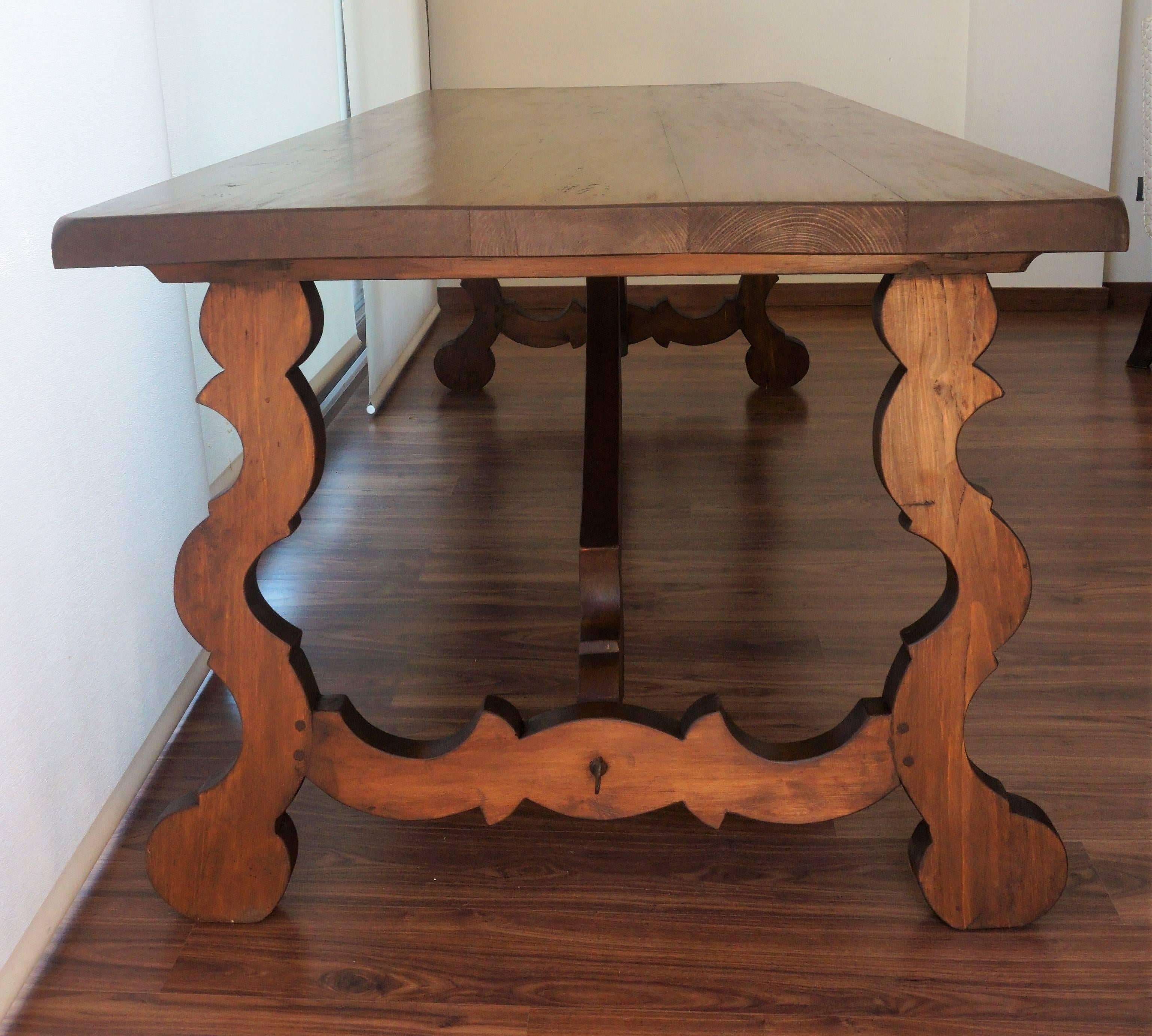 Large Spanish Dining Room Table with Lyre Leg In Excellent Condition In Miami, FL
