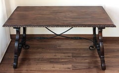 19th Century Trestle Farm Table with Lyre Legs and Iron Stretcher