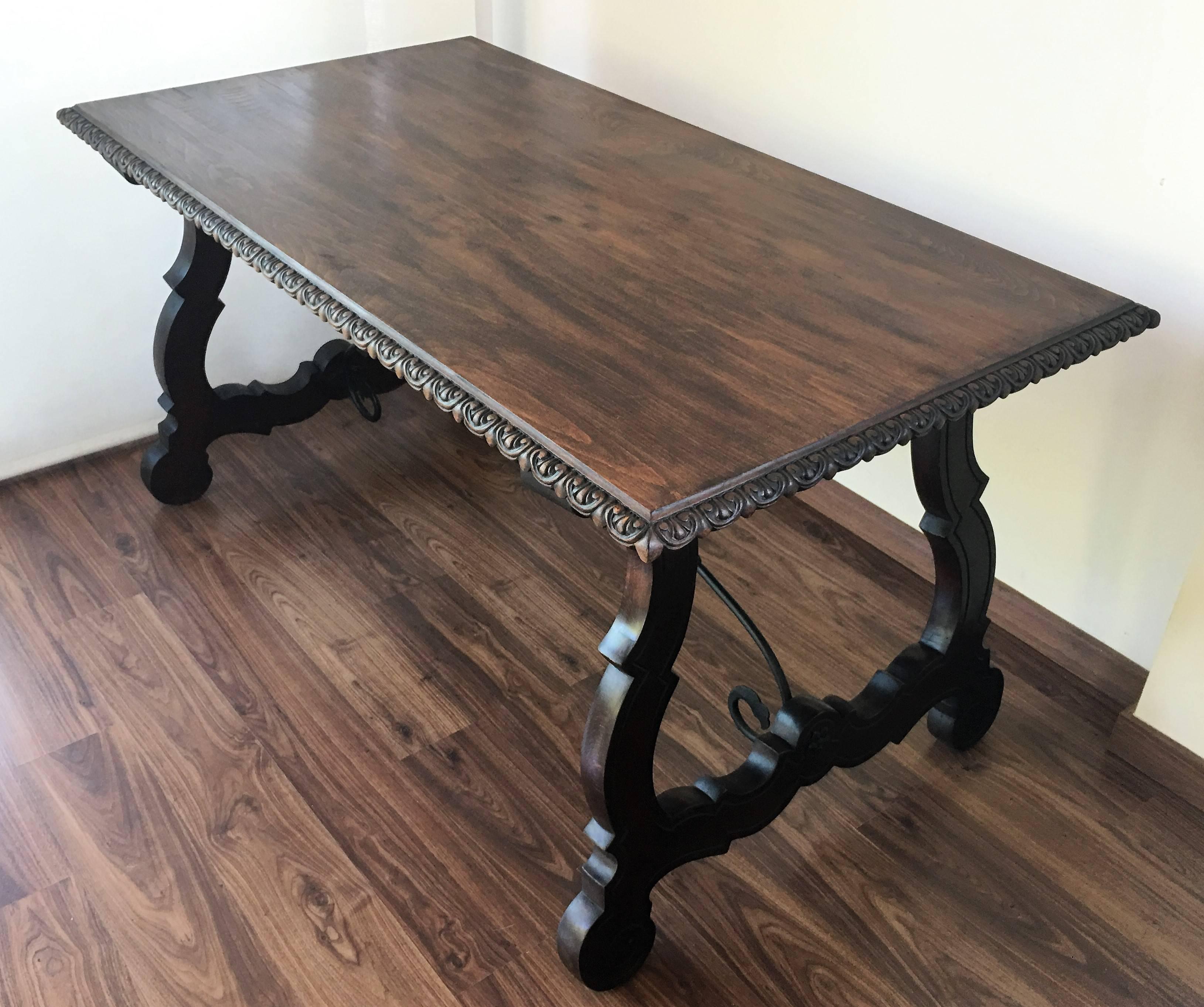 Baroque 19th Century Trestle Farm Table with Lyre Legs and Iron Stretcher