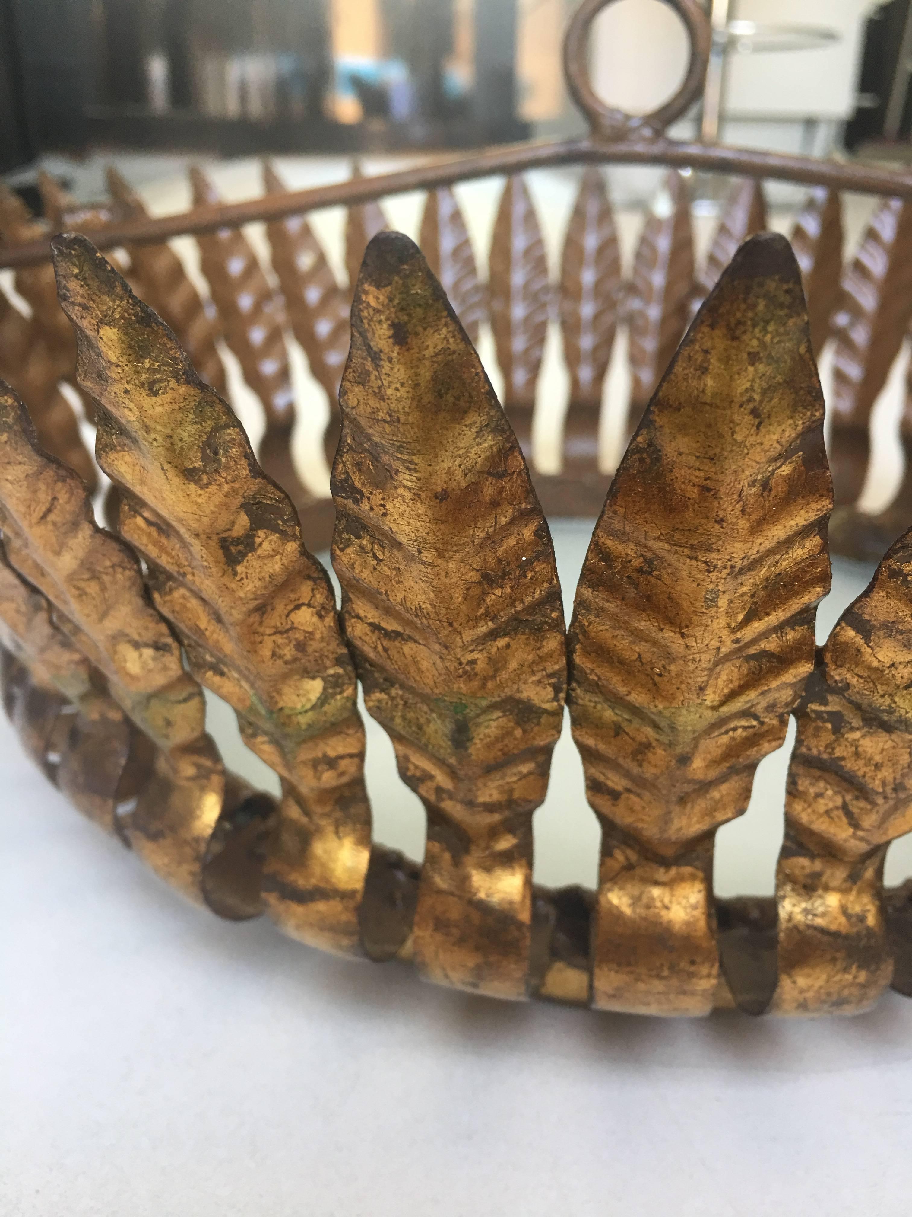 20th Century Gilt Metal Sunburst Crown Ceiling Fixture with Frosted Glass For Sale