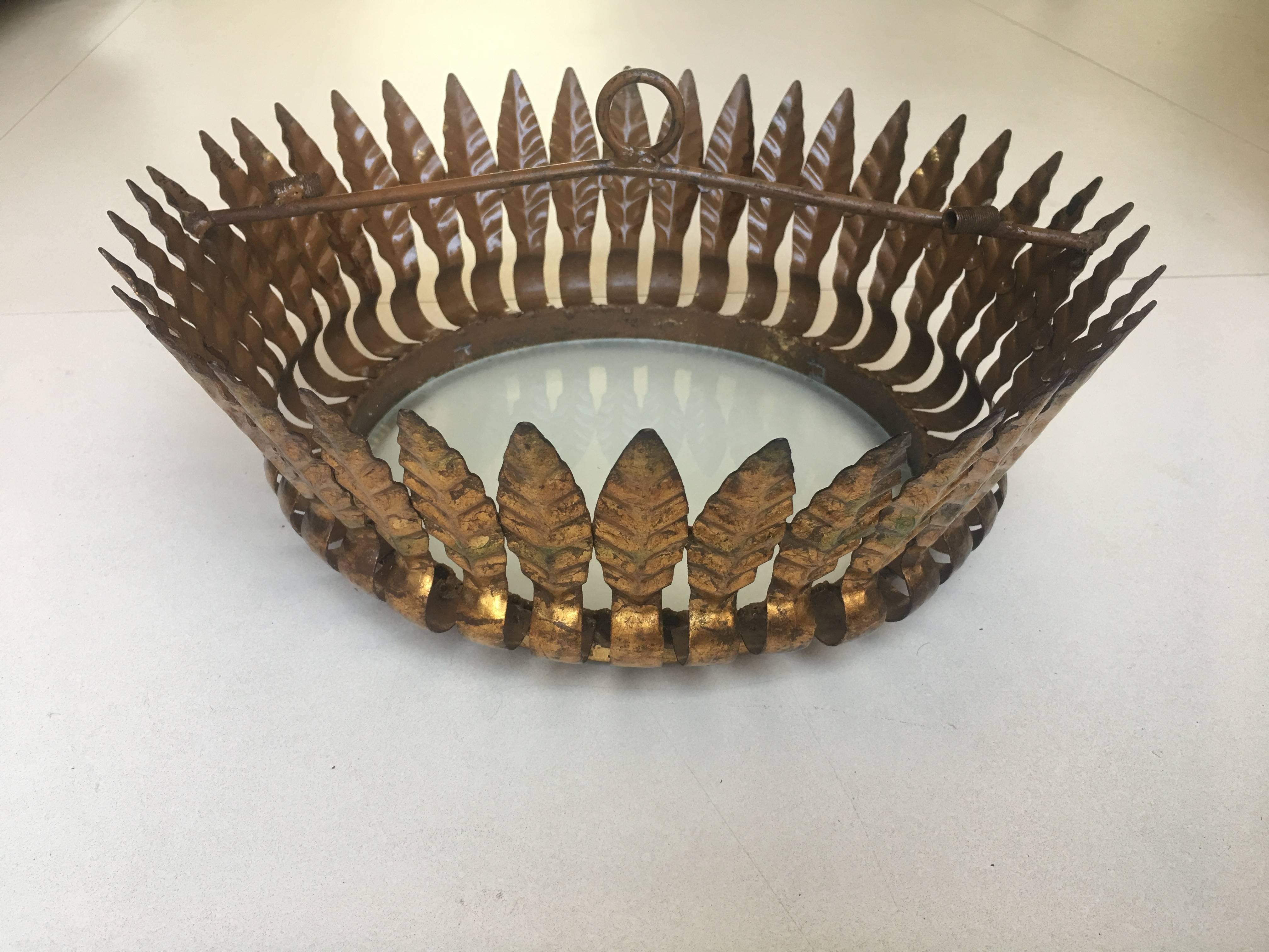 Mid-Century Modern Gilt Metal Sunburst Crown Ceiling Fixture with Frosted Glass For Sale