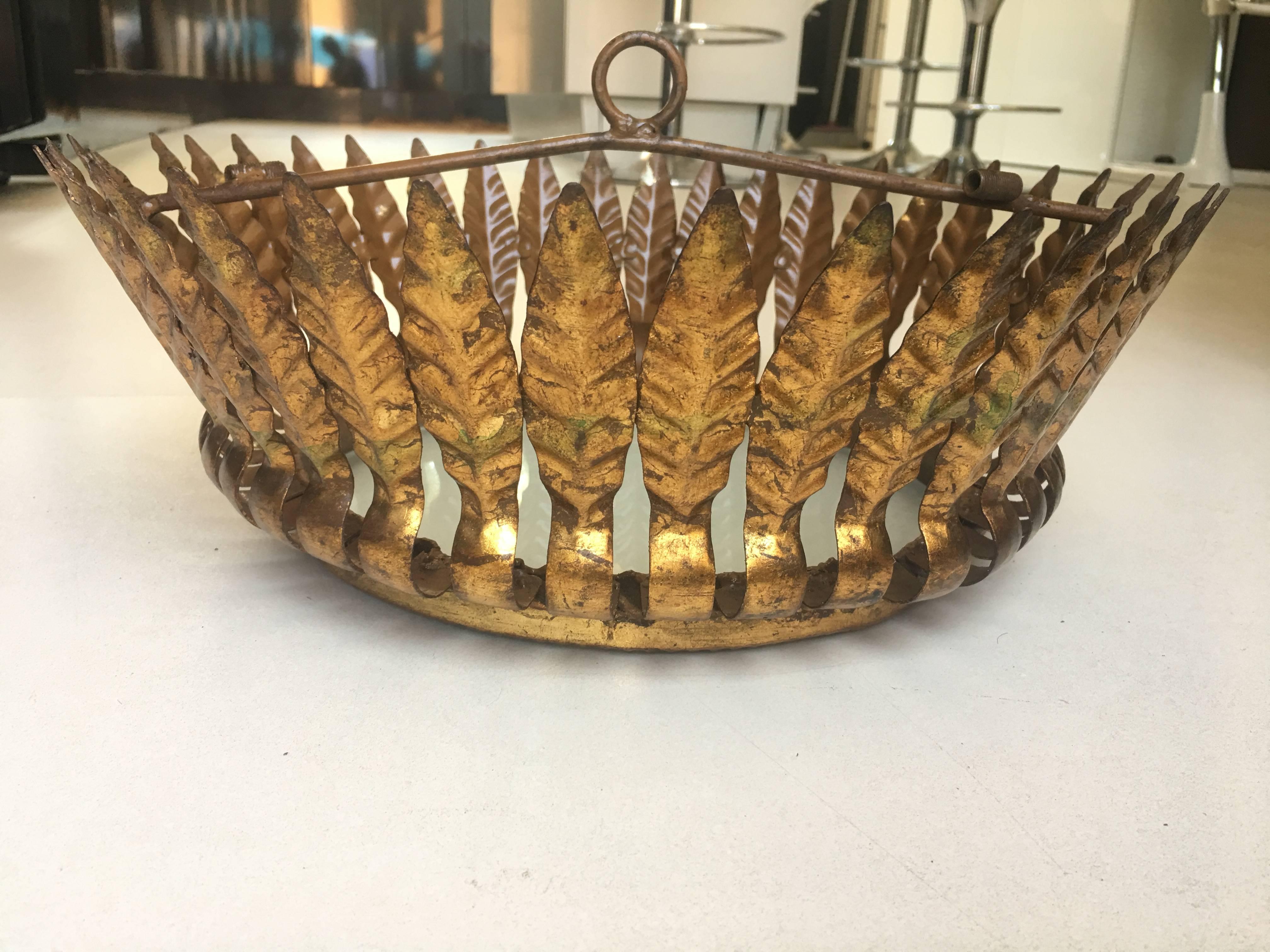 Gilt Metal Sunburst Crown Ceiling Fixture with Frosted Glass In Good Condition For Sale In Miami, FL