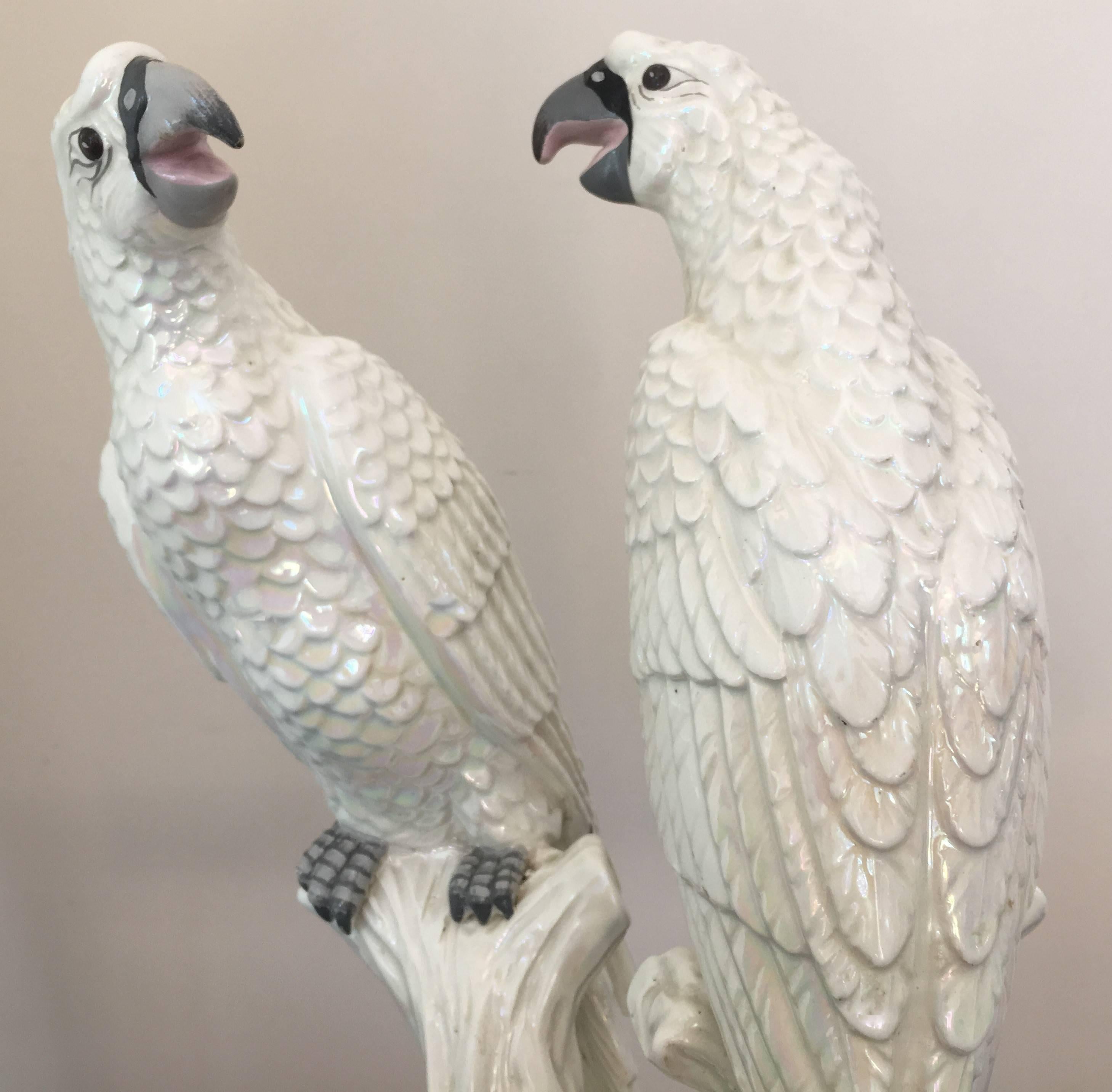 Mid-Century Modern Mid-Century Pair of Italian Parrots with a White Iridescent Glaze