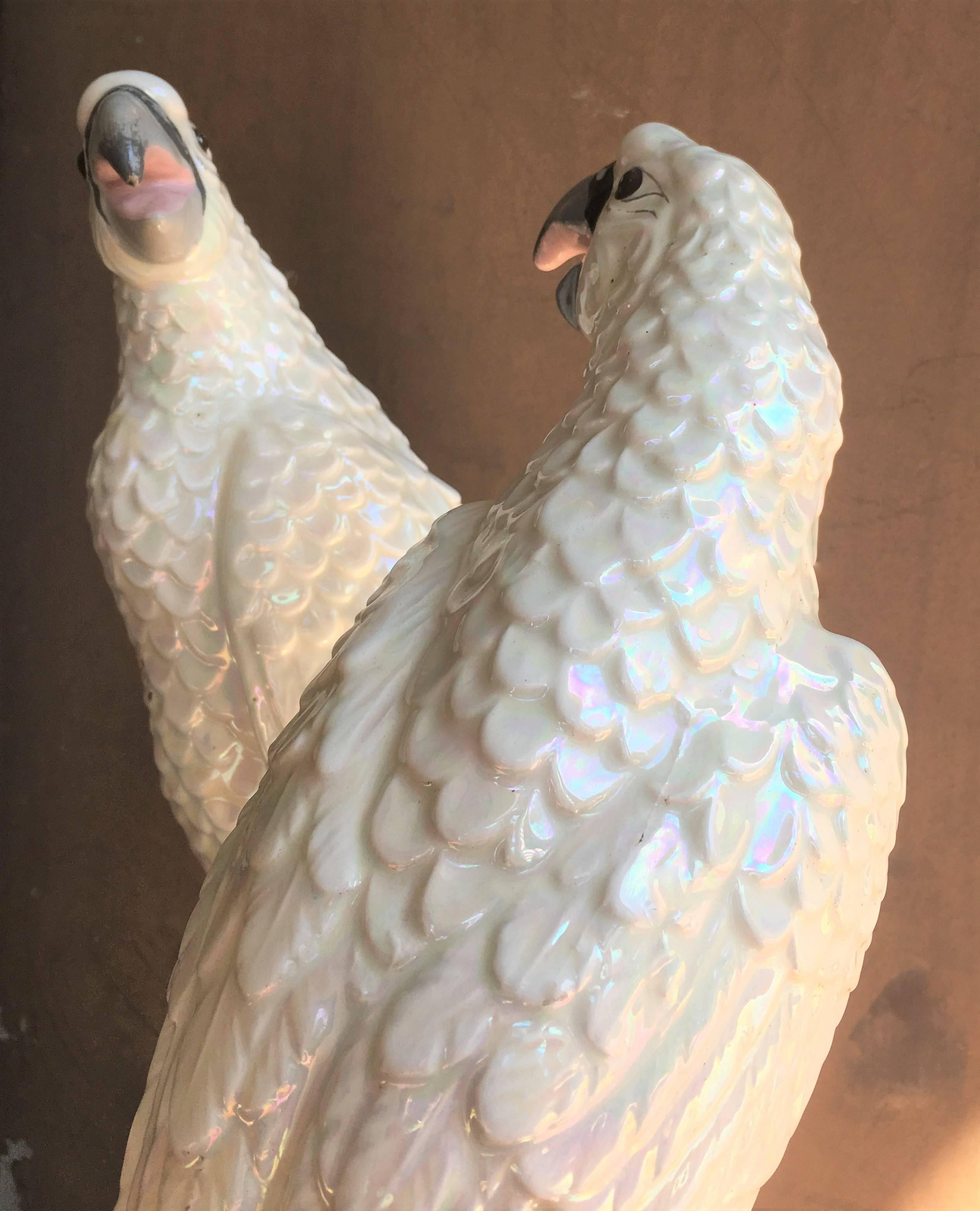 Mid-20th Century Mid-Century Pair of Italian Parrots with a White Iridescent Glaze
