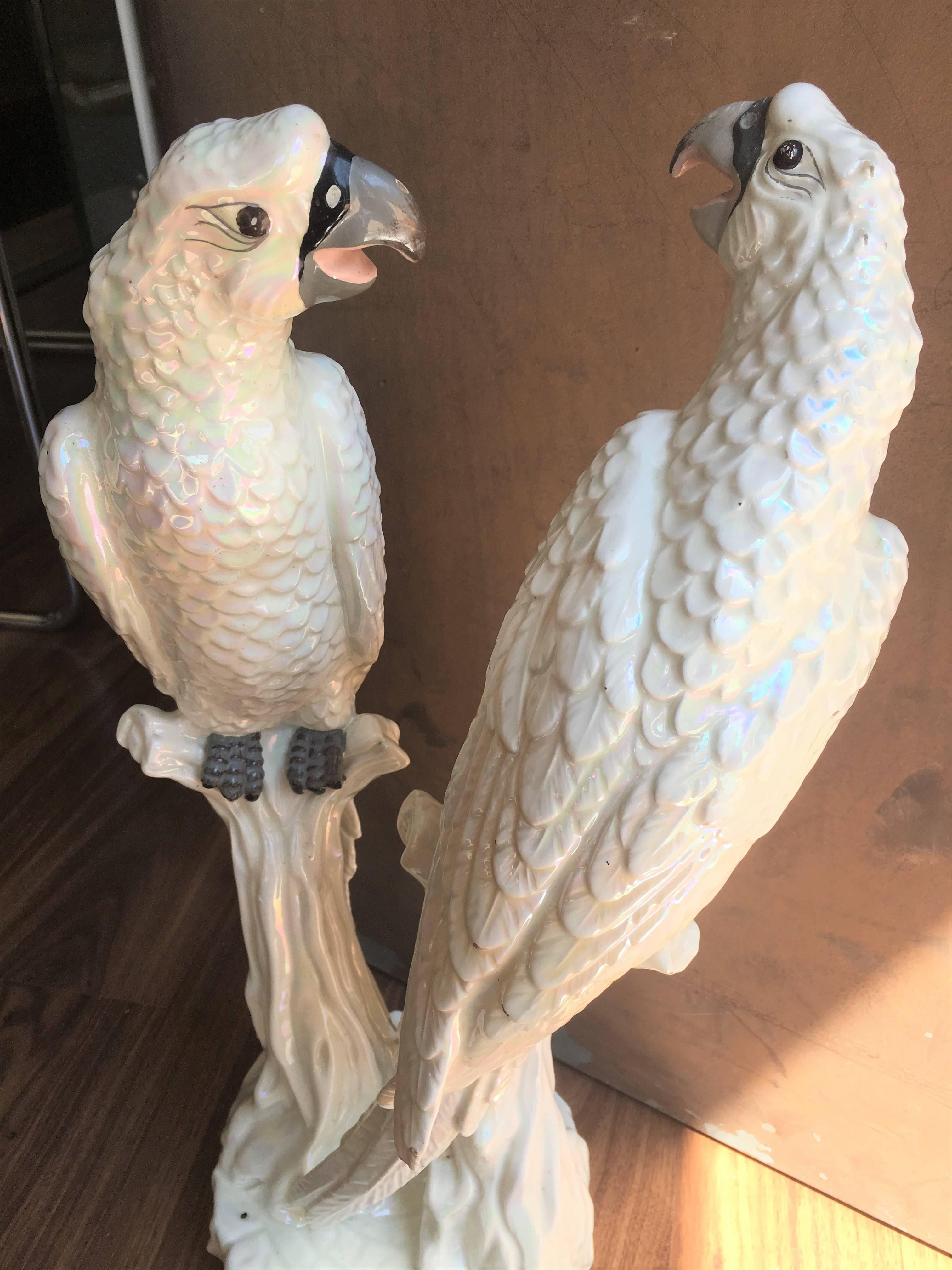 Ceramic Mid-Century Pair of Italian Parrots with a White Iridescent Glaze