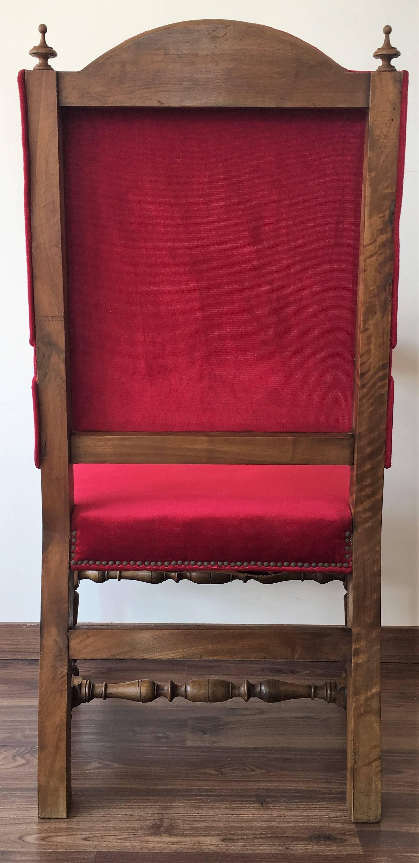 French 19th Century Louis XIII Style Fauteuils Throne Armchair in Red Velvet For Sale