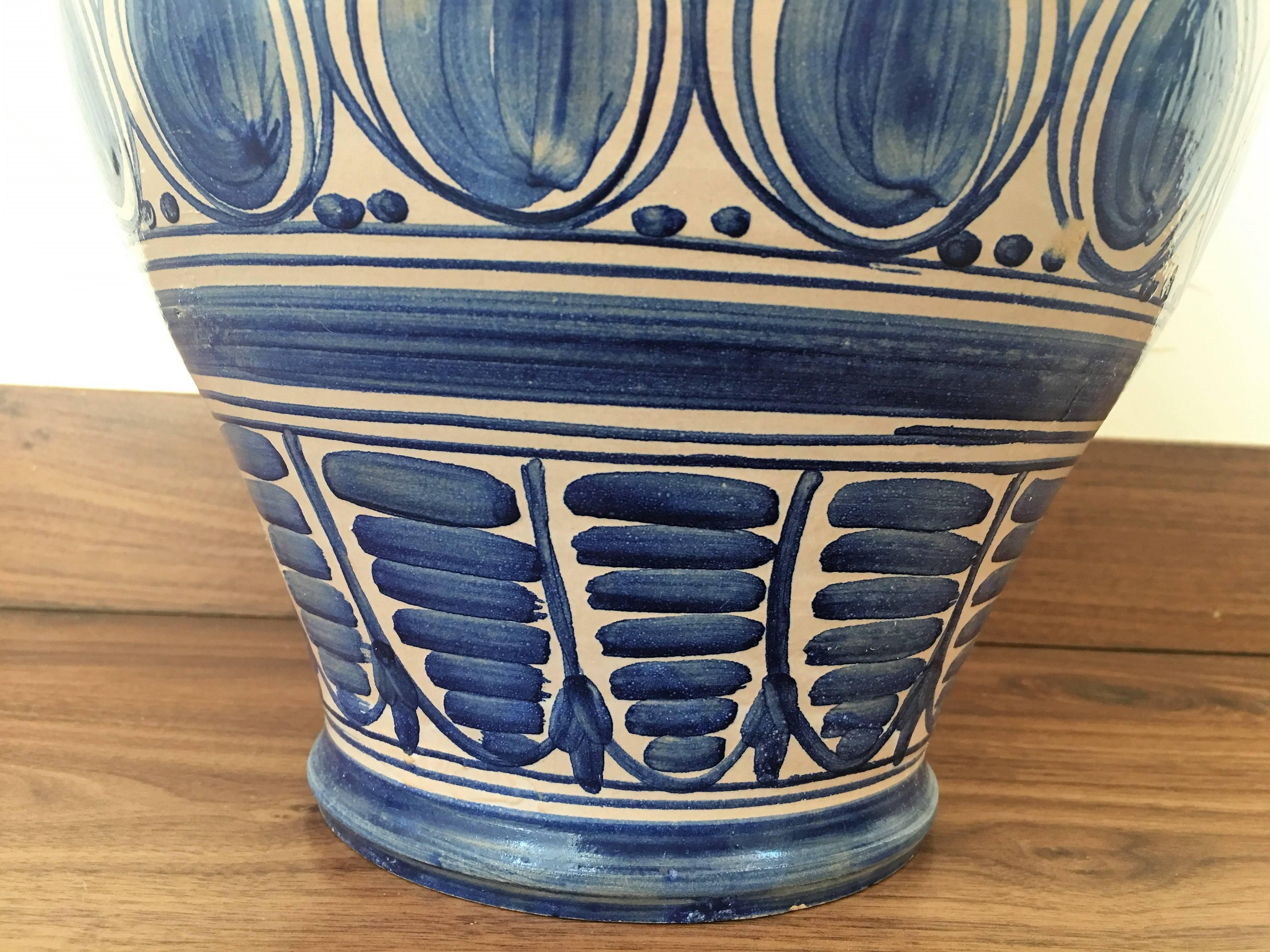 Striking Continental Glazed Earthenware Blue and White Painted Urn In Excellent Condition In Miami, FL