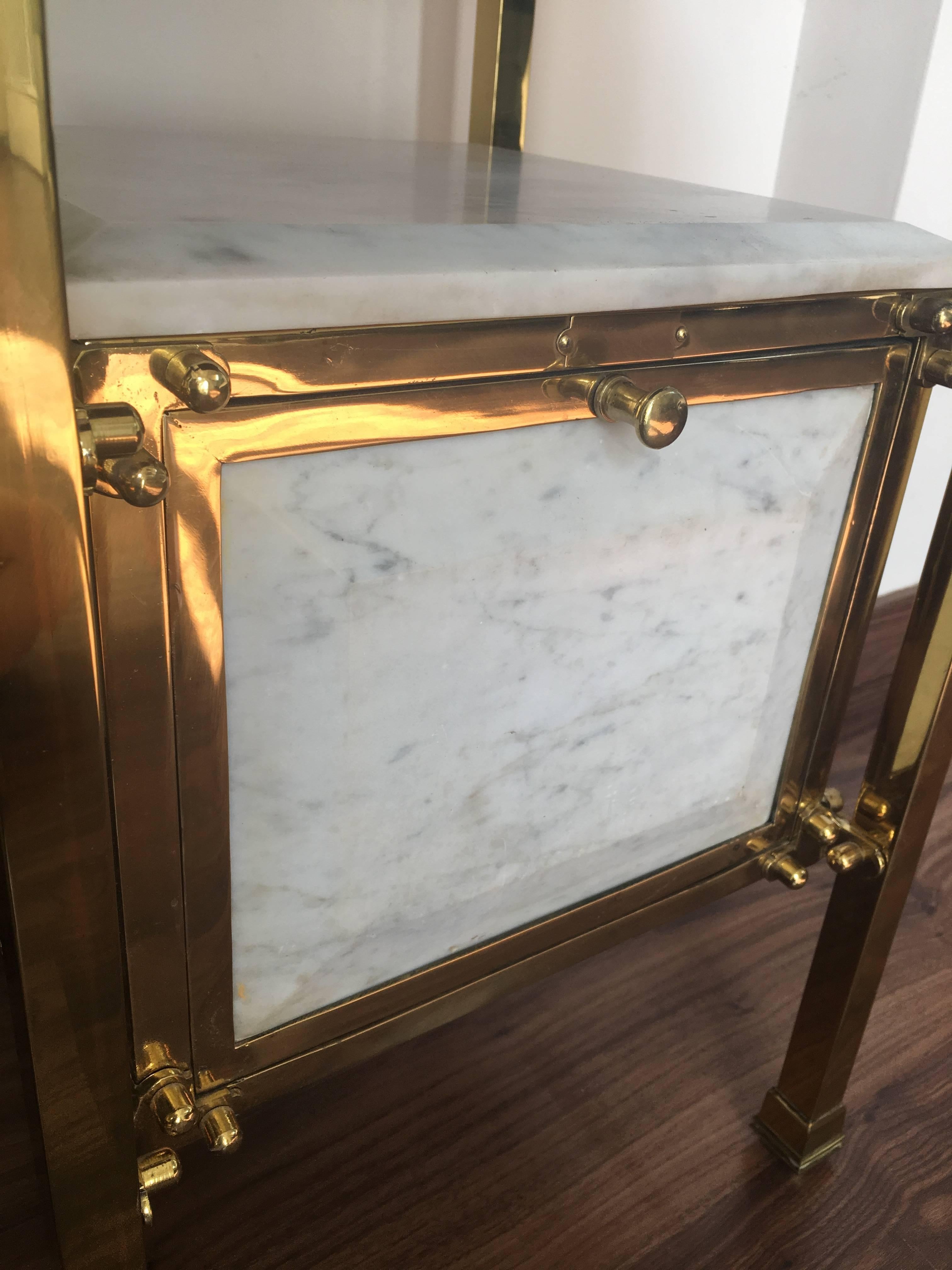 Pair of 1920s Brass and Marble Nightstands 1