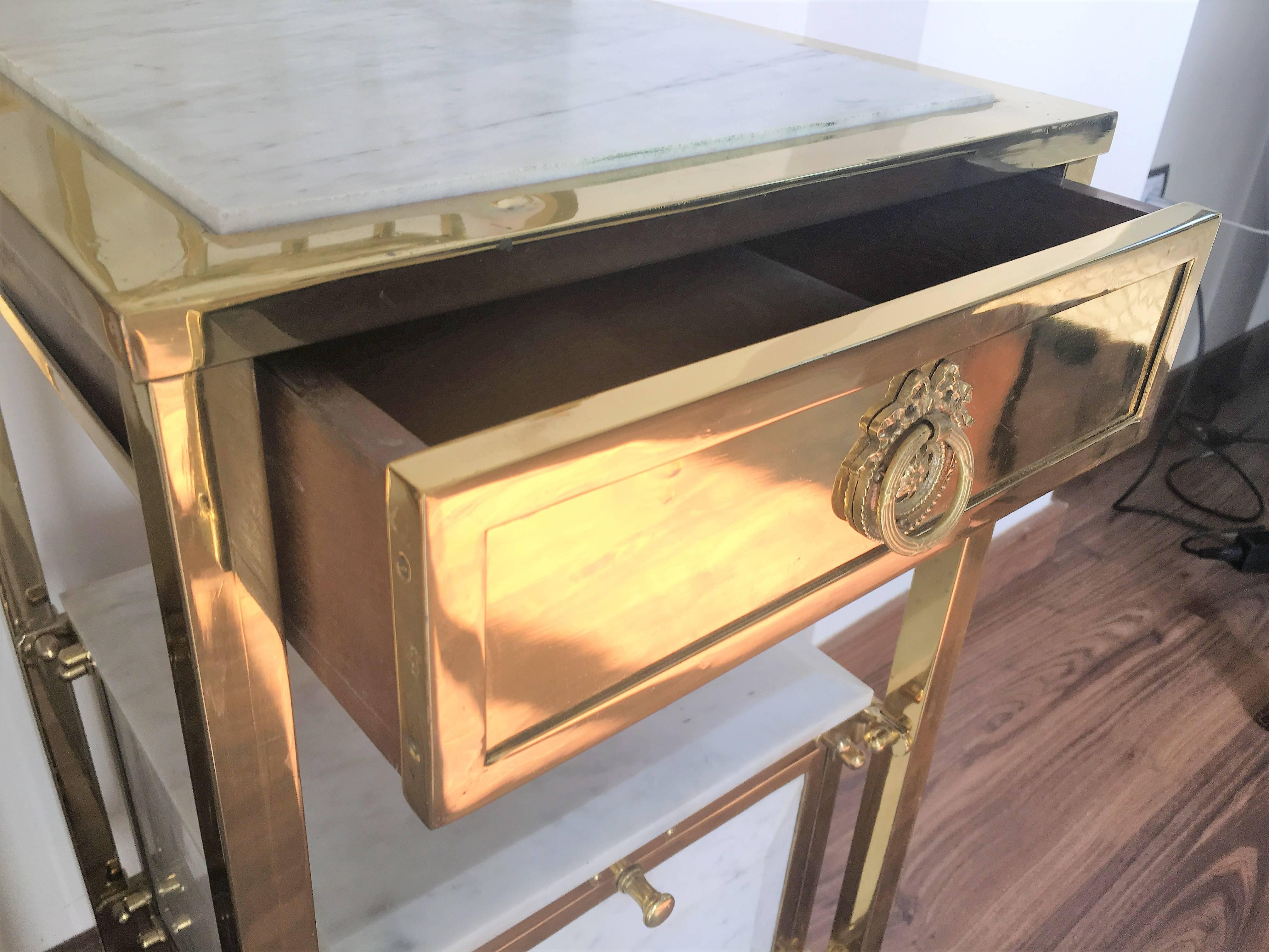 French Pair of 1920s Brass and Marble Nightstands