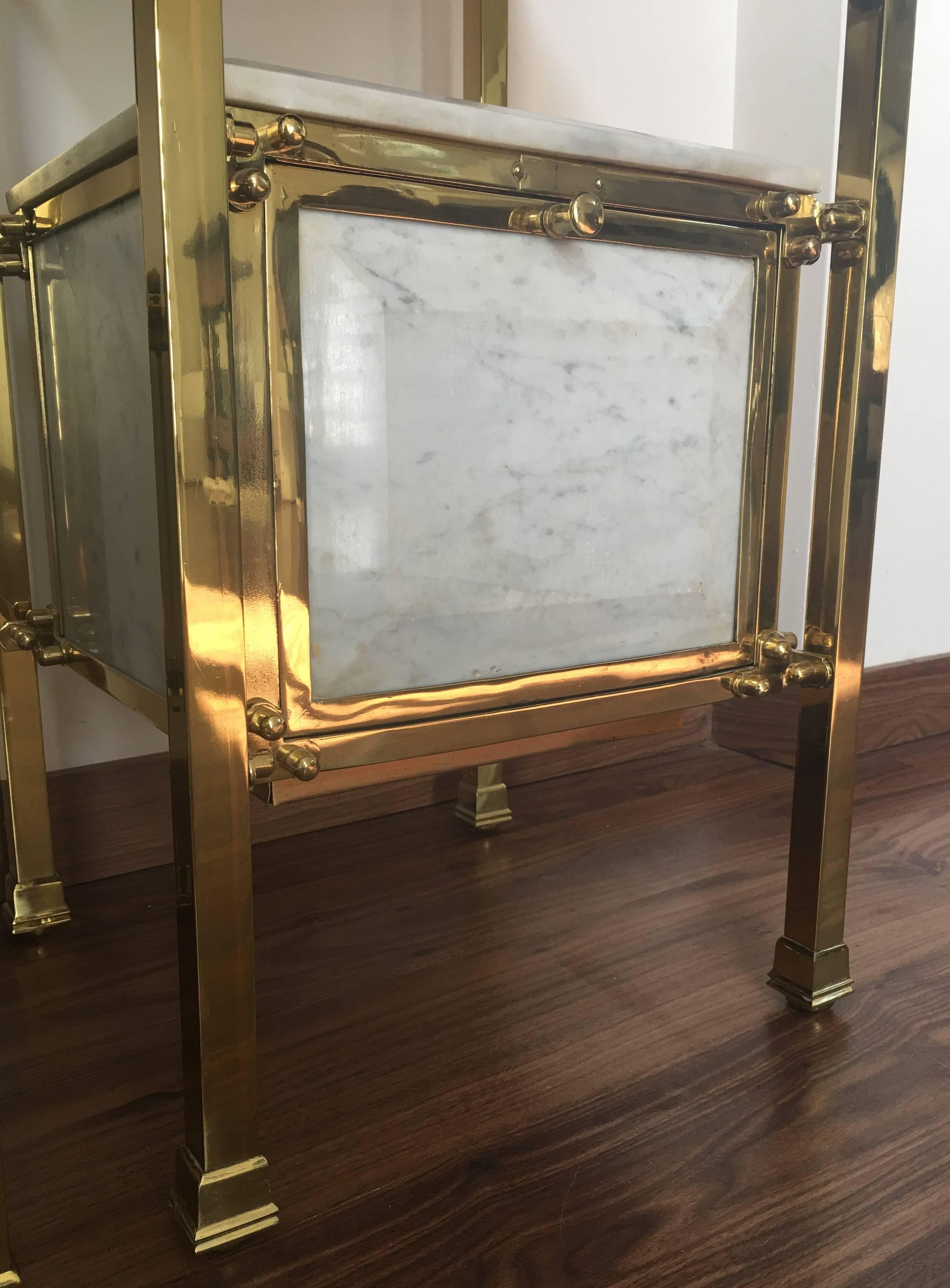 20th Century Pair of 1920s Brass and Marble Nightstands