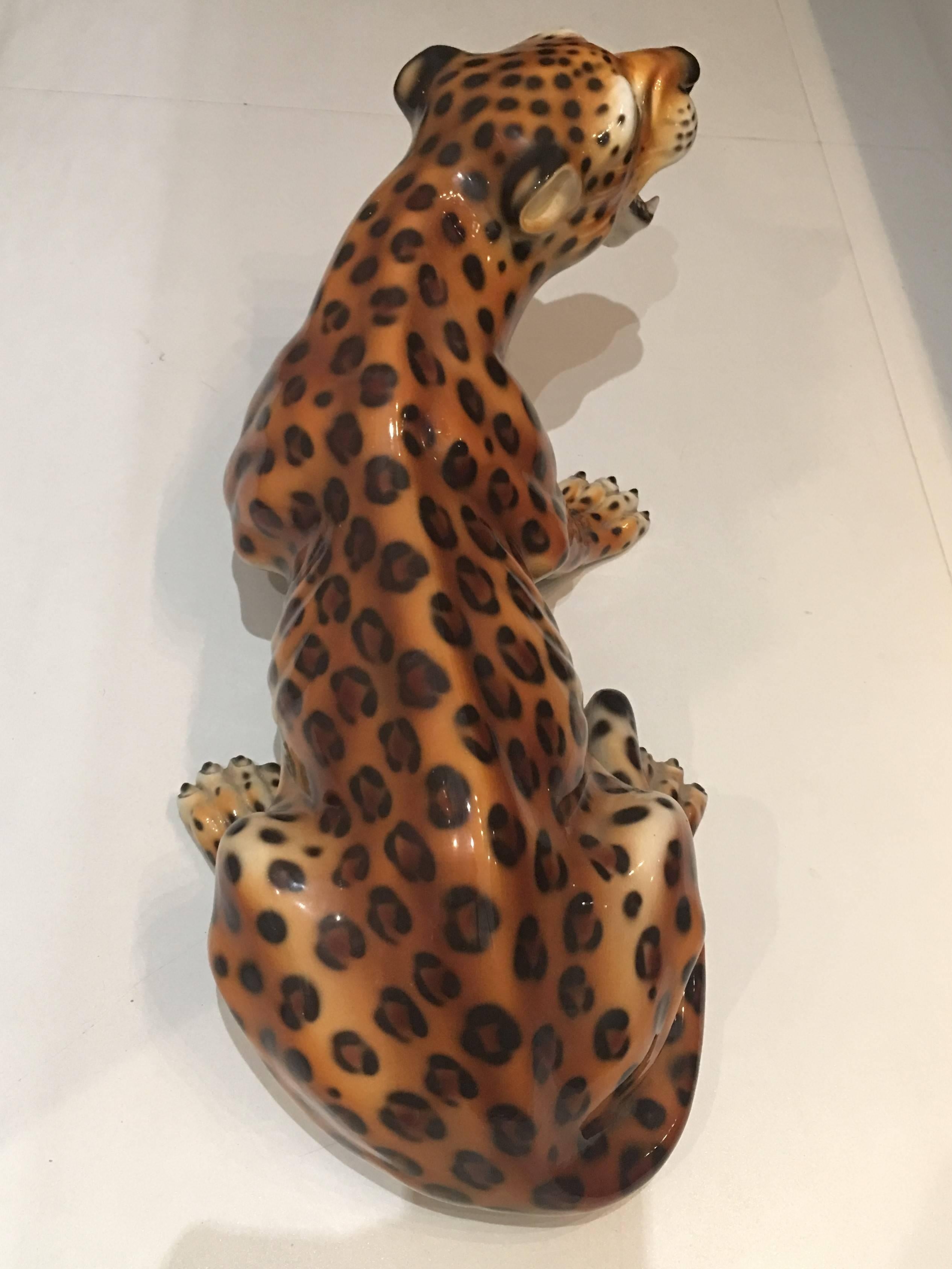 Italian Glazed Terracotta Baby Leopard Figure In Excellent Condition In Miami, FL