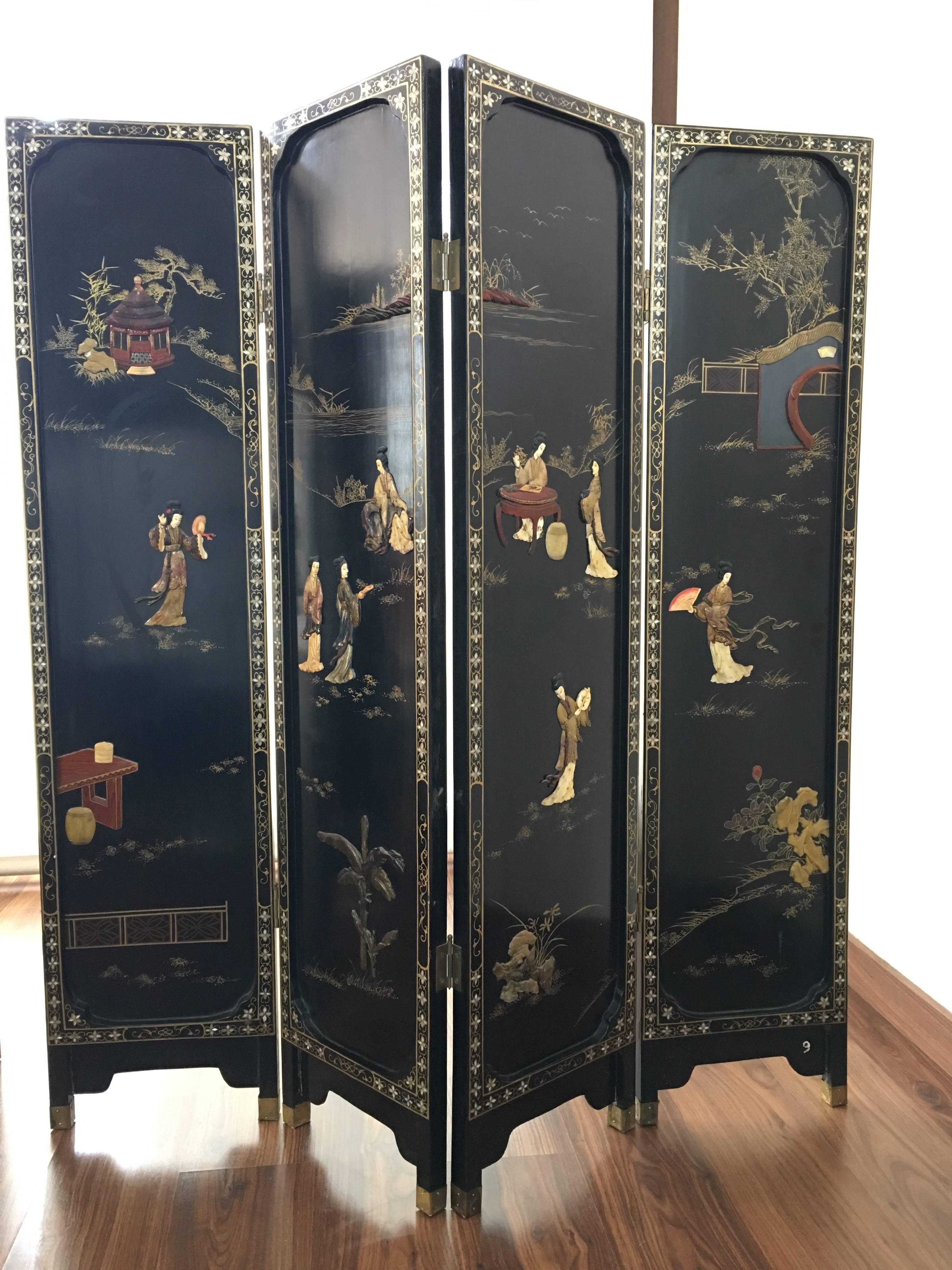 Inlay Pair of Four-Panel Reversible French Chinoiserie Coromandel Screens Paris, 1920s For Sale