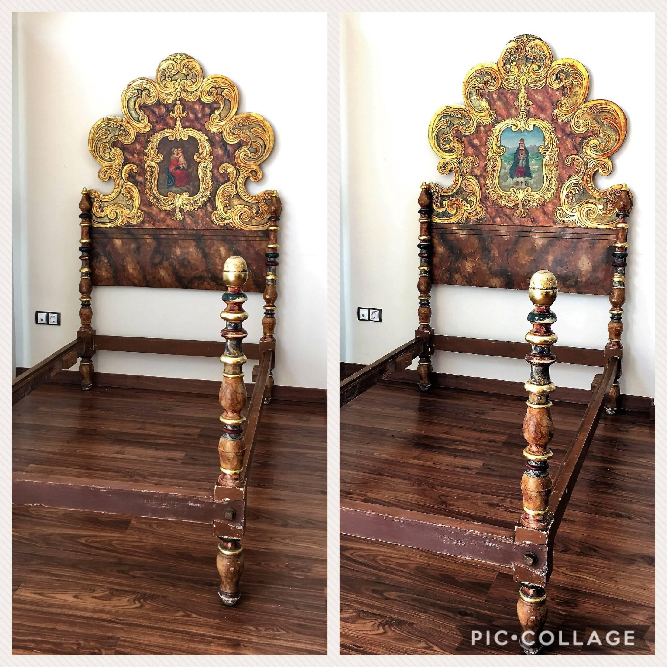 18th century pair of full beds panel in polychromed and giltwood from Spain
The headboards are hand painted with a two different religious scenes Virgin and Christ child.
