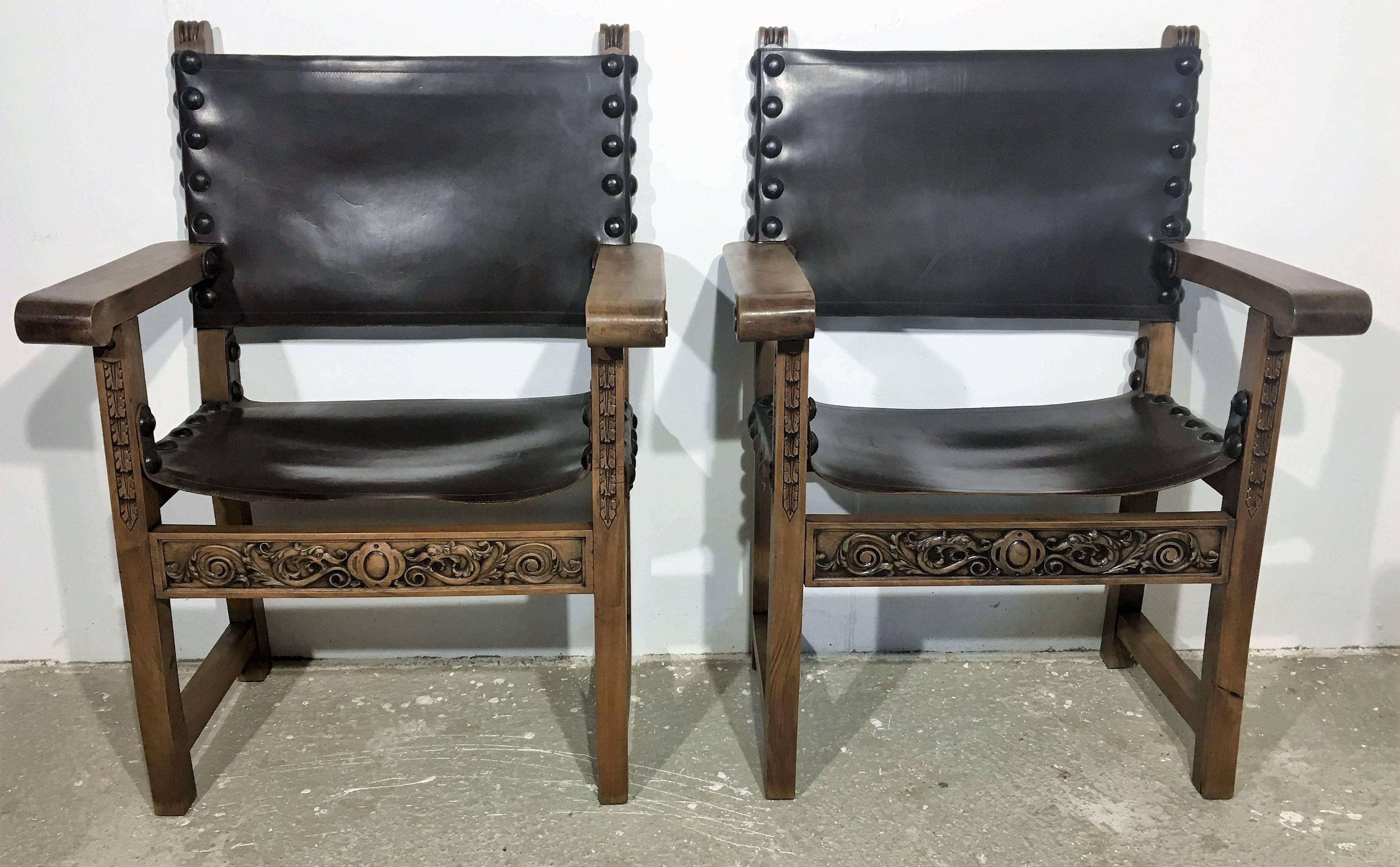 19th Set of Four Spanish Colonial Armchairs with Leather 2