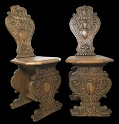 19th Century Pair of Carved Oak Sgabello Hall Chairs, Italy