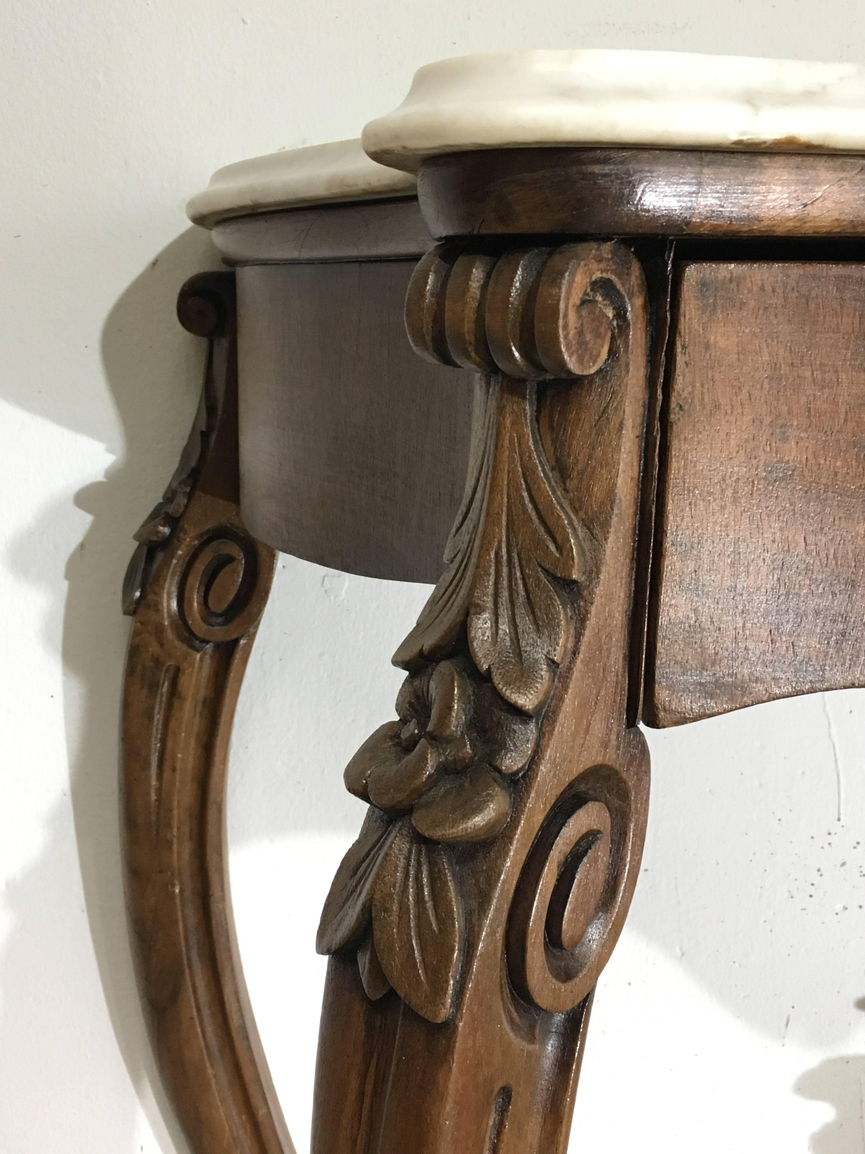 19th French Regency Carved Walnut Console Table with drawer & Marble top  4