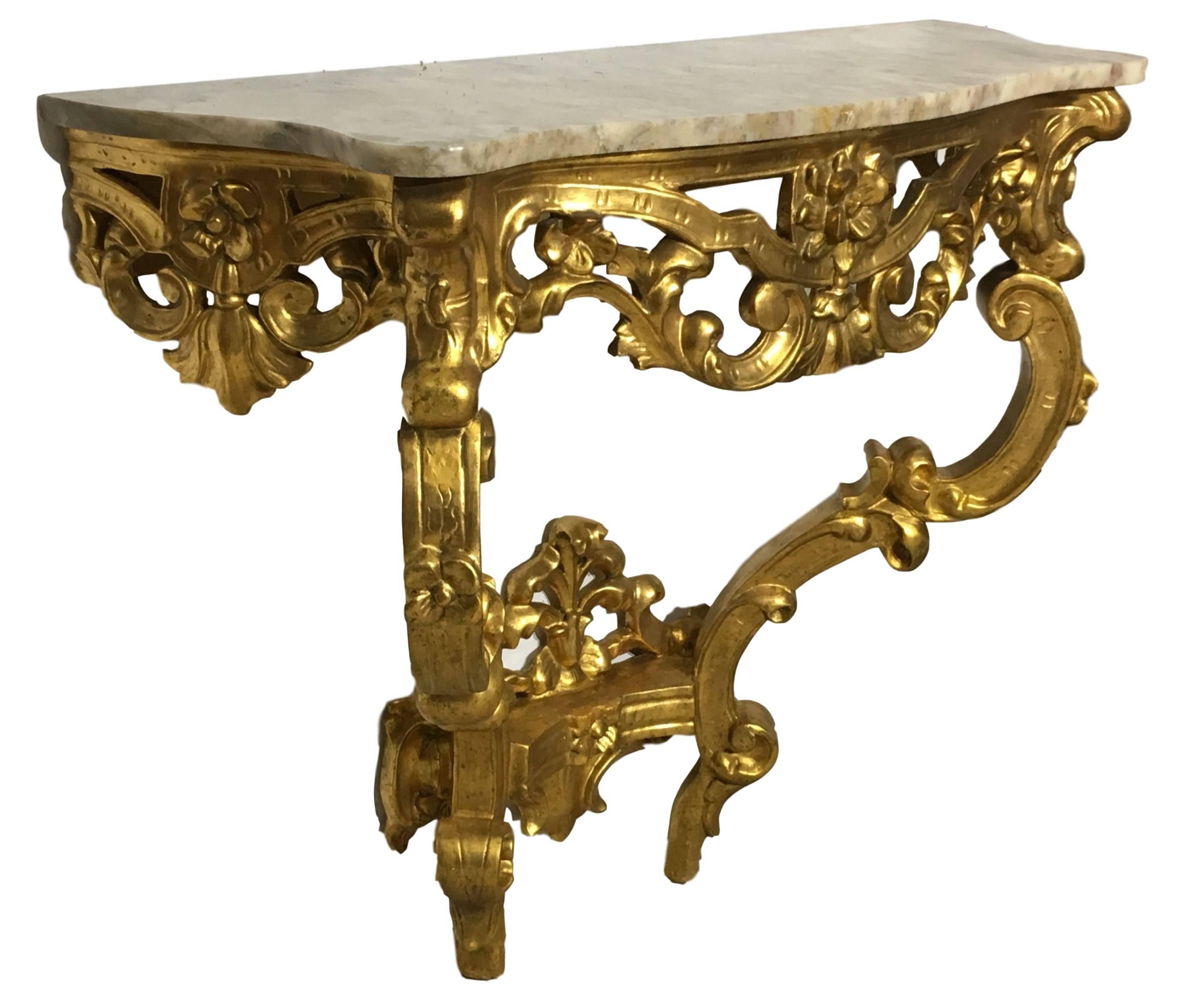 Regency 19th Century Italian Carved Giltwood Marble Top Console