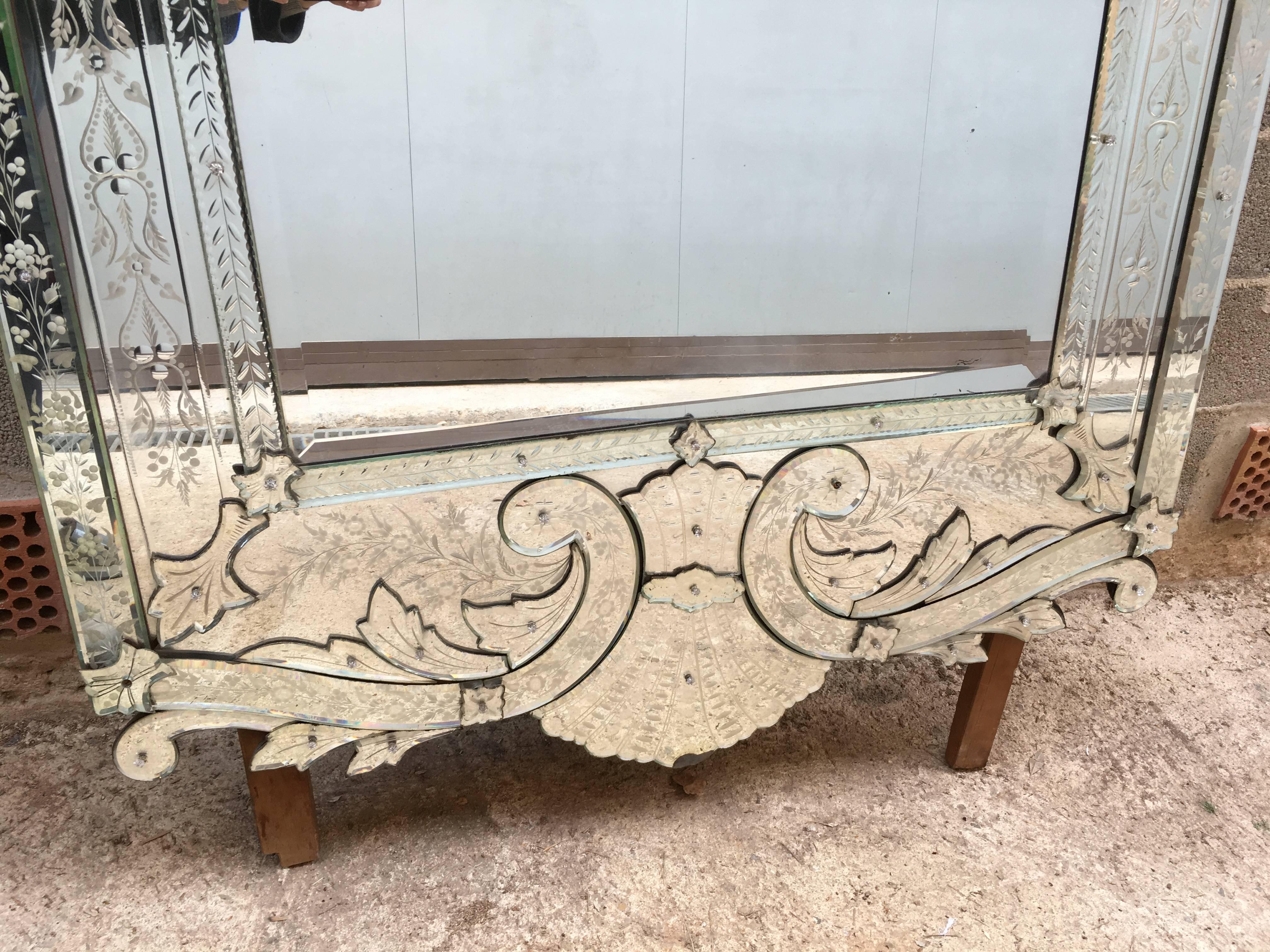19th Large Antique Venetian Mirror with delicate etched details.