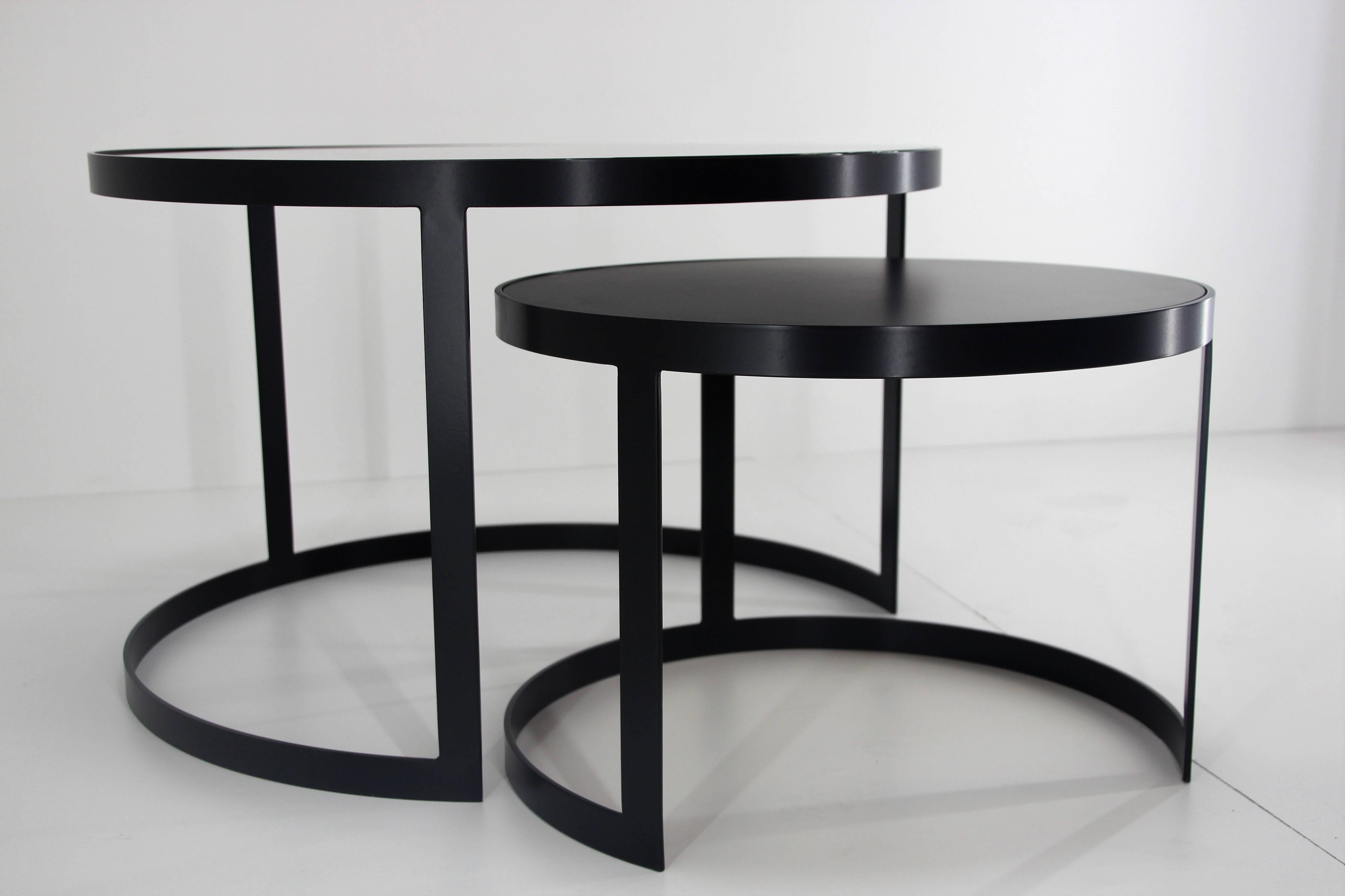Modern 21st Century Set of Two Iron Nesting Tables with Glass and Wood Tops, Spain