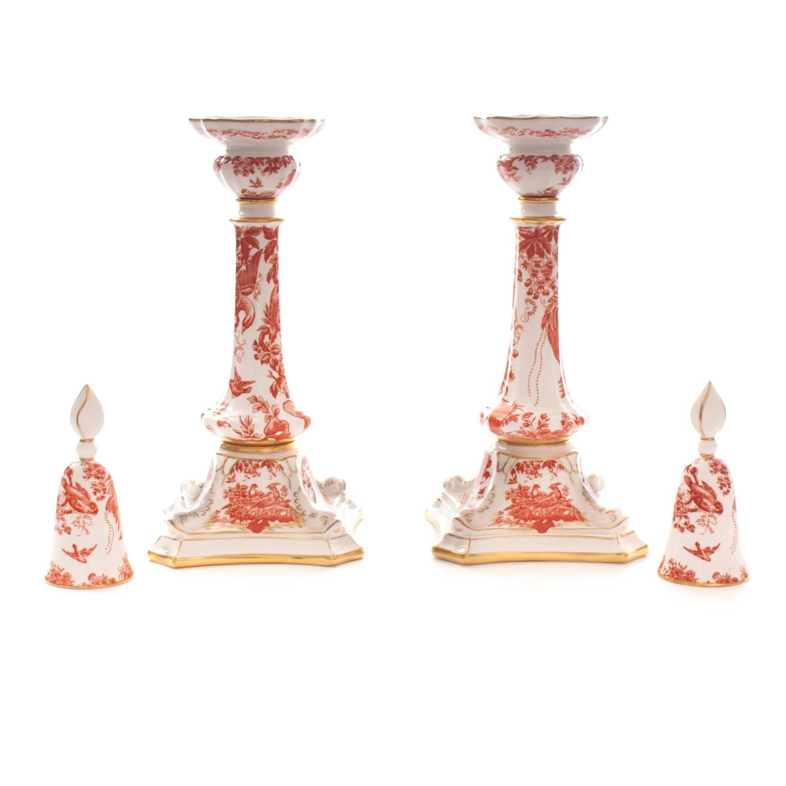 One of Derby's most beloved pattern in their classically shaped form. A pair of candlesticks with a 4 figural dolphin base and hand trimmed 24k gold accents.  Complete with their candle snuffers and gives the set a completely different look with or
