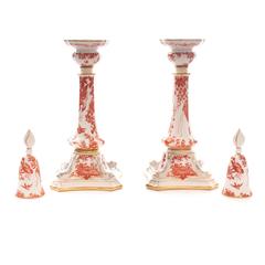Pair of Royal Crown Derby Candlesticks and Snuffers, "Red Aves" Dolphin Figural