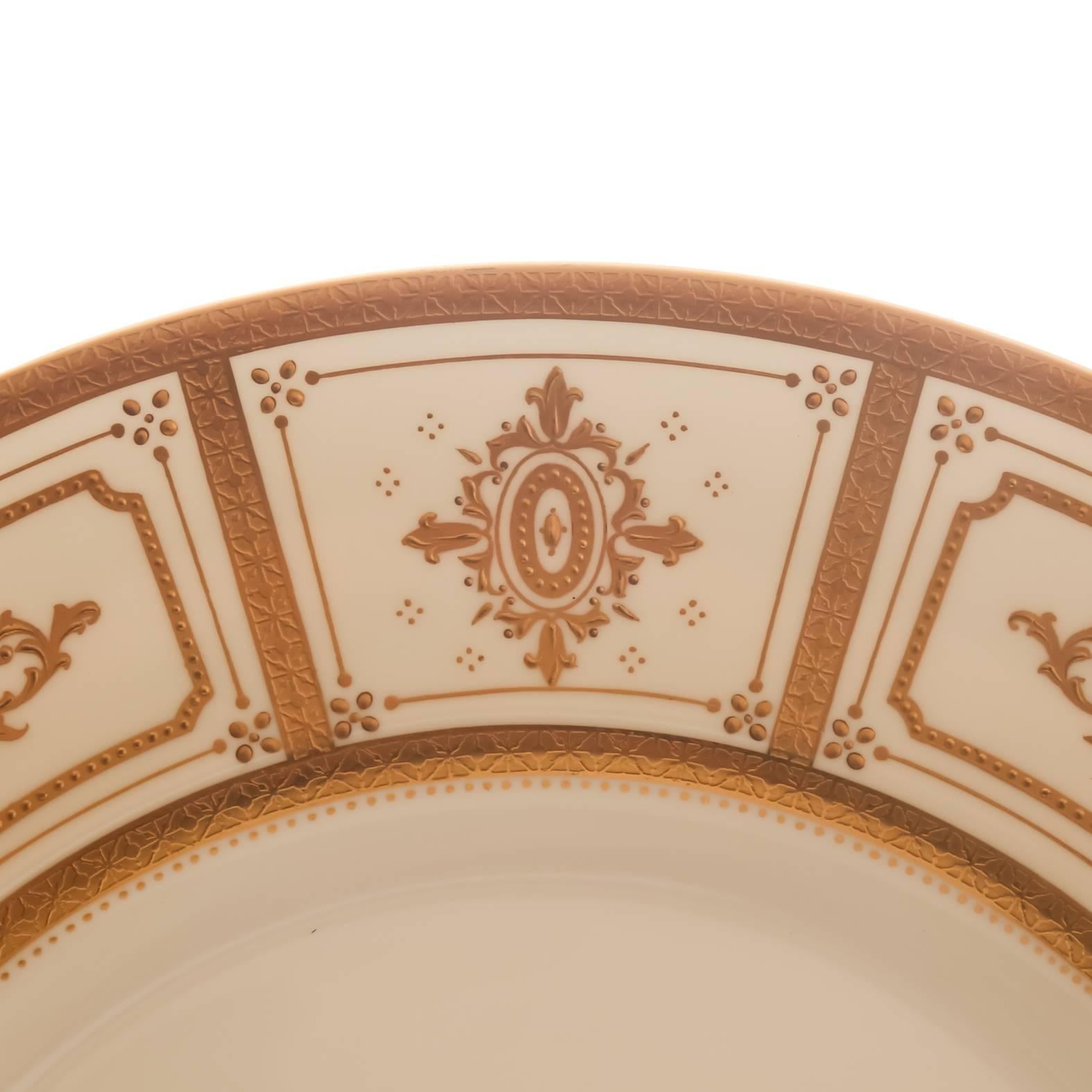 Art Deco 12 Minton, England Custom for Tiffany Dinner Plates, Elaborate Raised Gilding