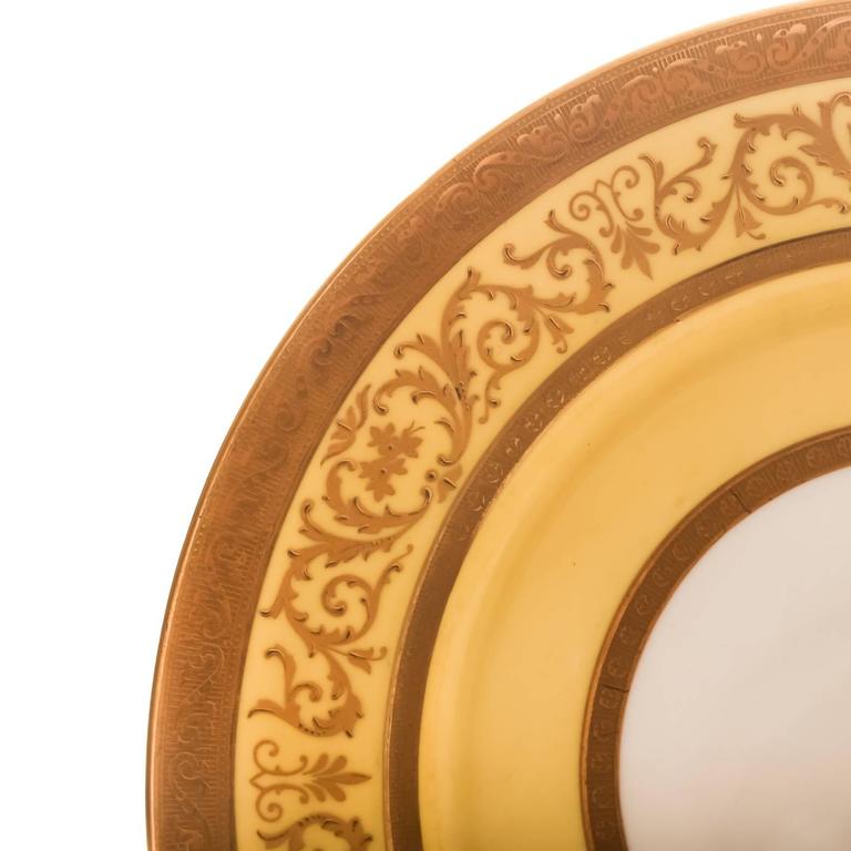 12 Antique English Yellow and Raised Gold Custom Ordered Dinner Plates
