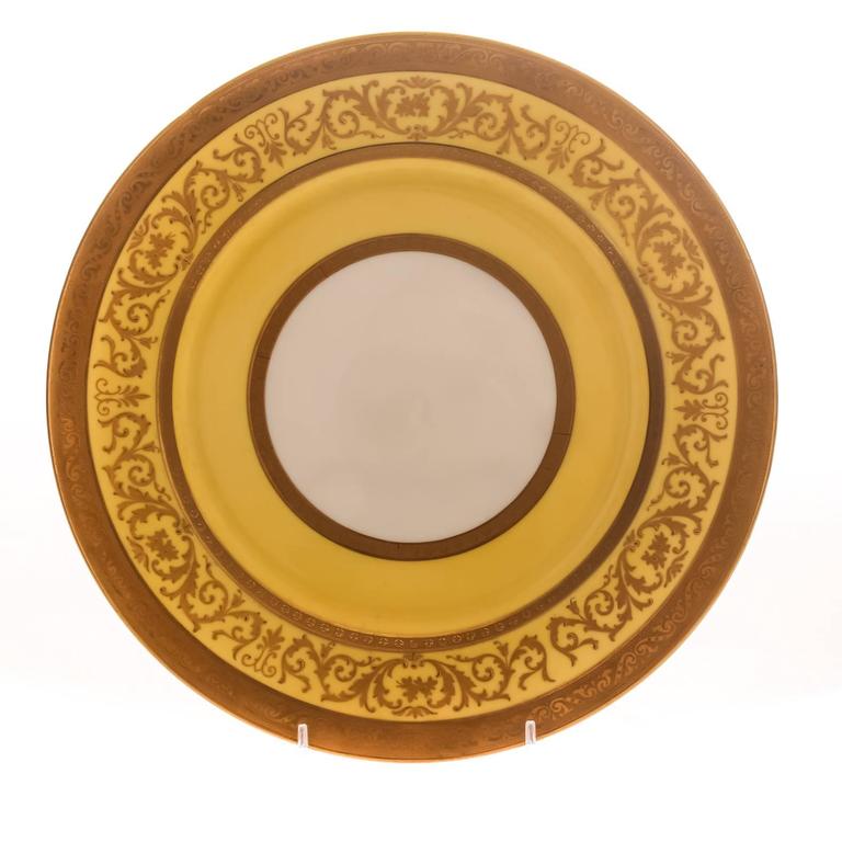 12 Antique English Yellow and Raised Gold Custom Ordered Dinner Plates
