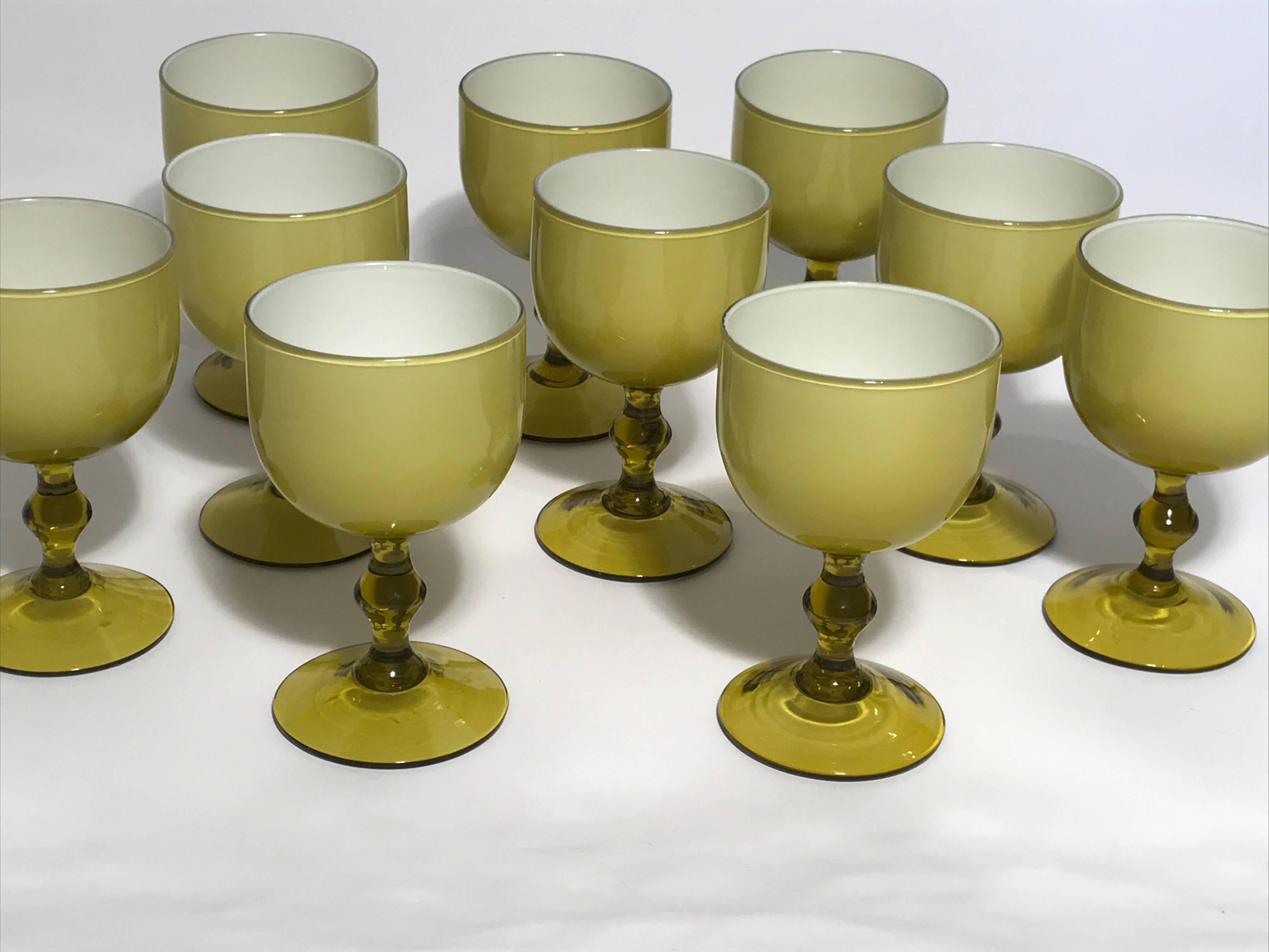 Hand-Crafted Ten Carlo Moretti Italian Cased Glass Wine Goblets, Amber and White